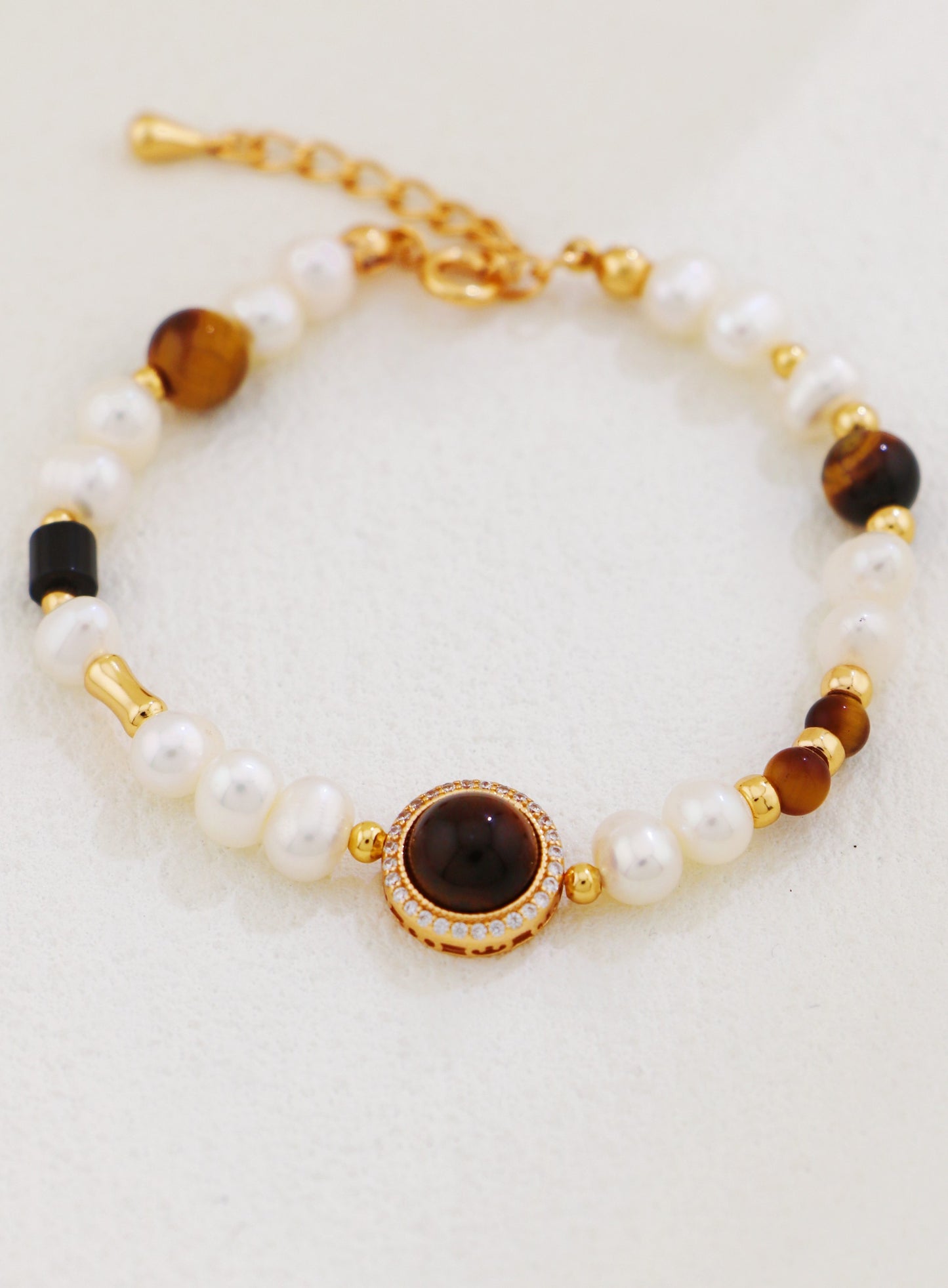 Vintage Gold Tiger Eye & Pearl Charm Bracelet