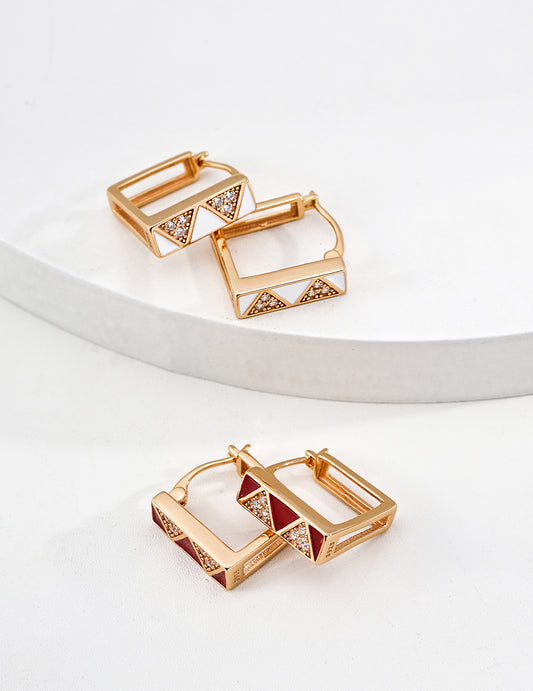 Geometric Triangle Enamel CZ Huggie Earrings