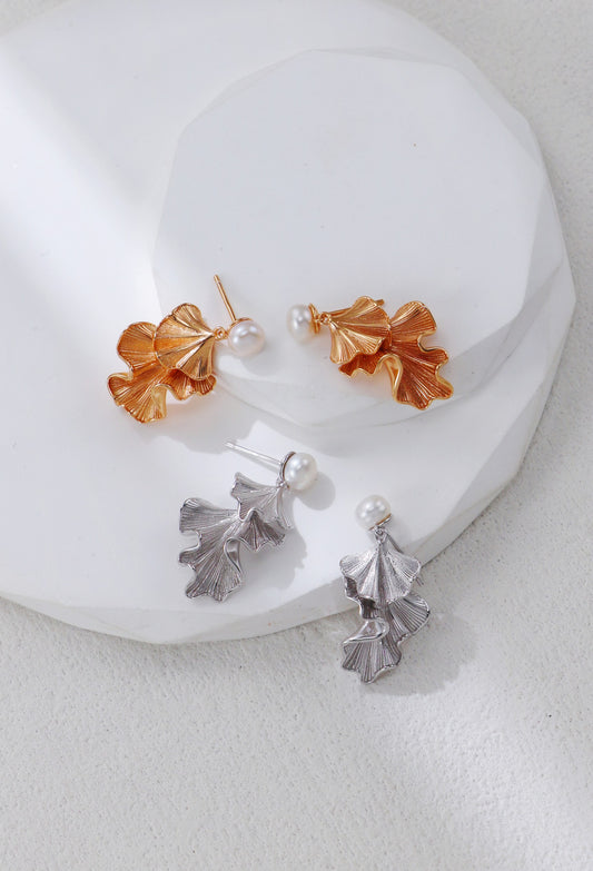 Ginkgo Leaf Pearl Drop Earrings