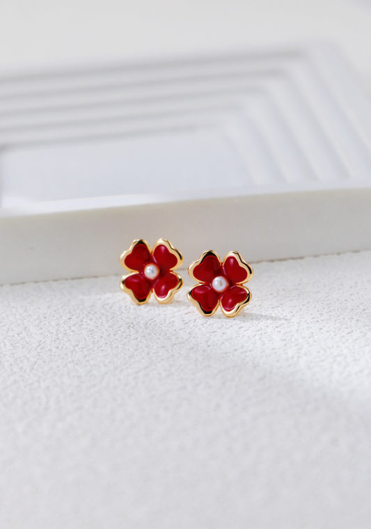Vintage Red Enamel Clover Pearl Stud Earrings